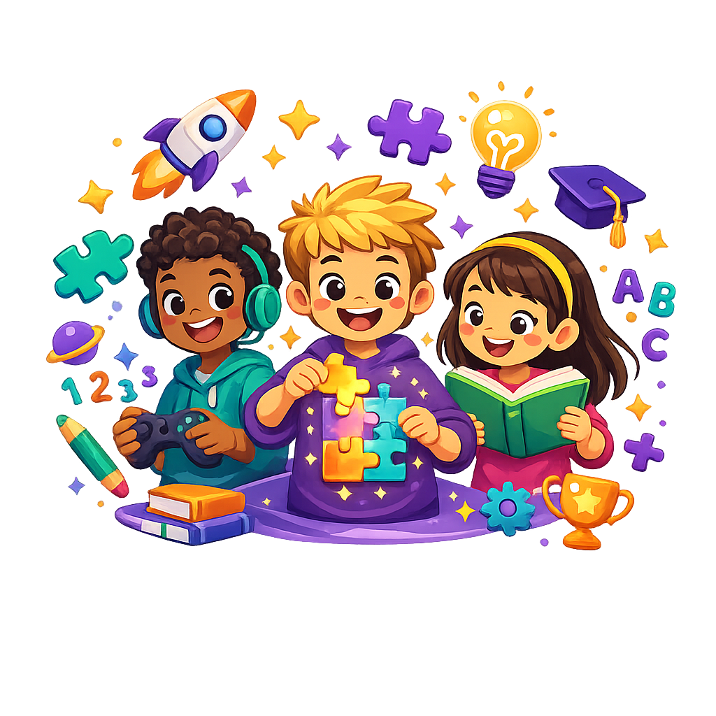 Three children learning and playing together with puzzles, books and games on PlayPuzzle